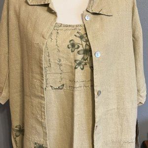 Sweet Jessie 2 piece dress and jacket. 100% Linen.  NWT. Tan with Green floral
